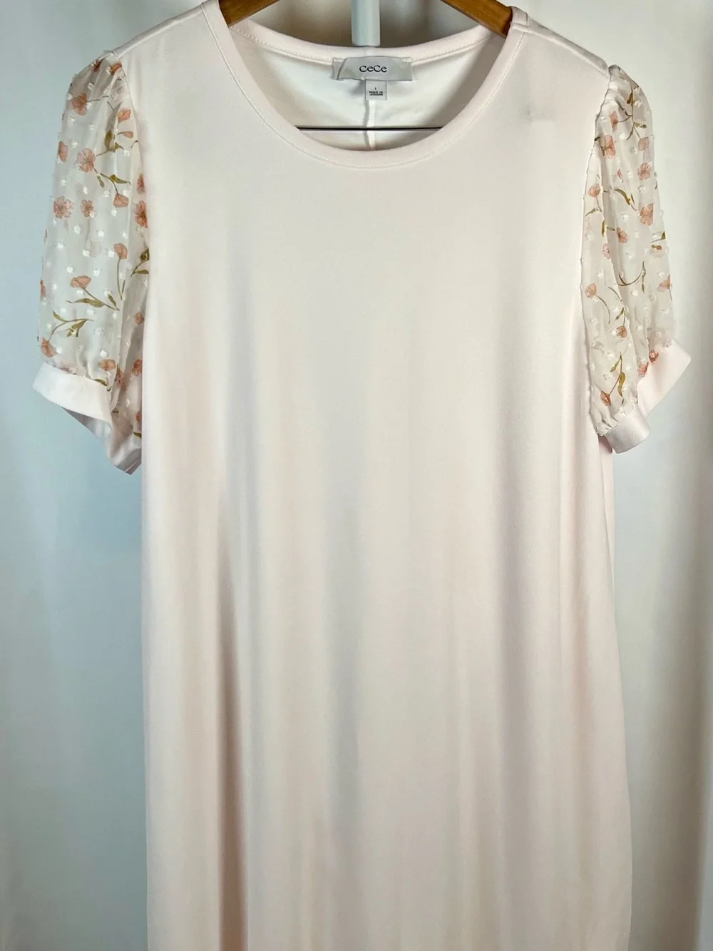 CeCe Blush Pink Midi Dress with Floral Sheer Puff Sleeves size L